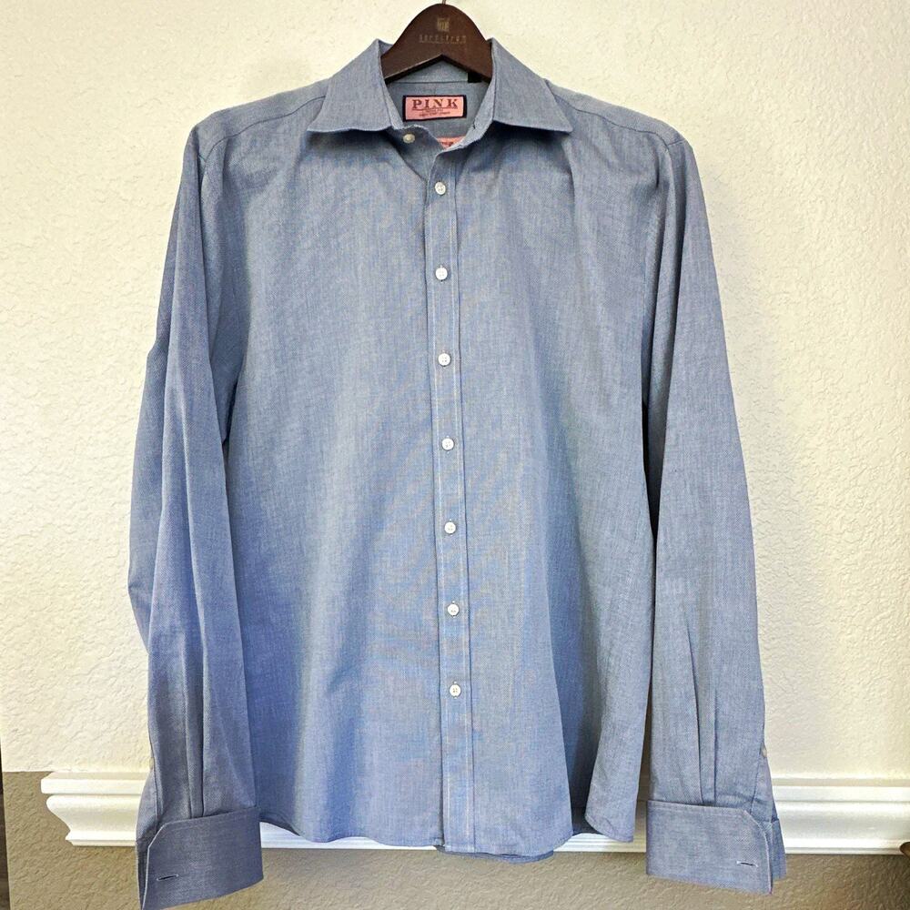 Thomas Pink Slim Fit Blue Chambray Dress Shirt 17 Long Sleeve French Cuff